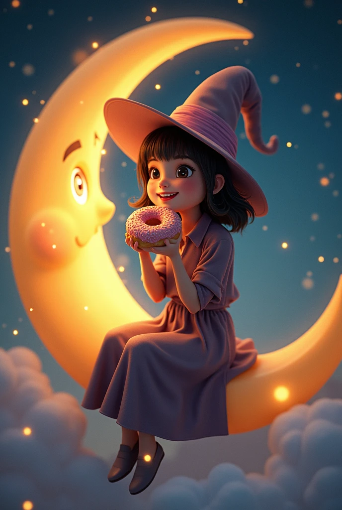 age witch with medium length hair and bangs sitting on a yellow moon holding a tasty and beautiful donut and she is smiling happily