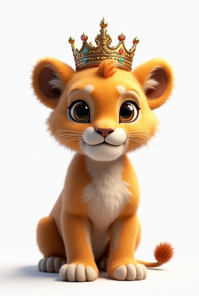small lion cub with a snooty look and a king's crown on its head, design model , white background with a nervous look
