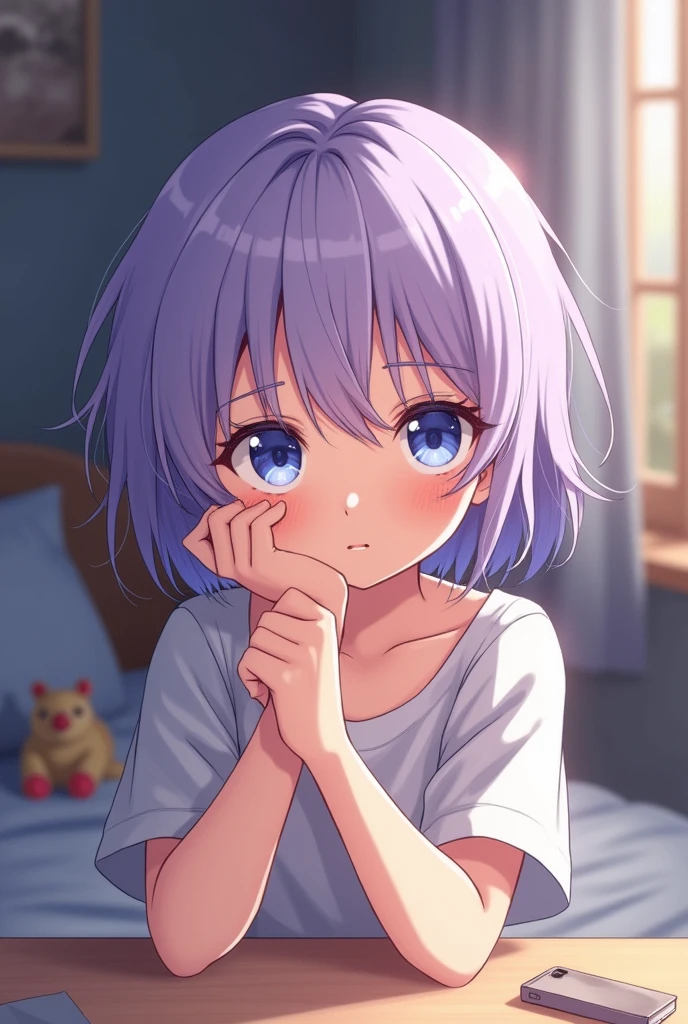 Anime girl with light purple, short hair, blue-white eyes and serious expression, comfortable clothes for a 9 year old girl