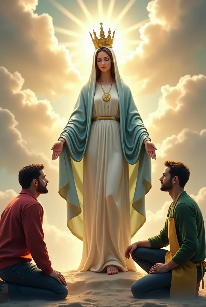 Realism, photographic style, intricate details. A powerful and evocative image of a woman representing the Virgin Mary, dressed in a white gown and a light blue veil. She wears a crown and exudes an aura of holiness and compassion as she looks down at the two kneeling men. The man on the right, wearing dark jeans and a red shirt, gazes at the hem of her dress, while the man on the left, donning dark jeans, a green long-sleeved shirt, and a yellow apron, looks at her face. The background depicts te heaven, with soft, warm lighting that enhances the sense of spirituality. The image draws upon the reference to Our Lady of Work, evoking themes of devotion and intercession.