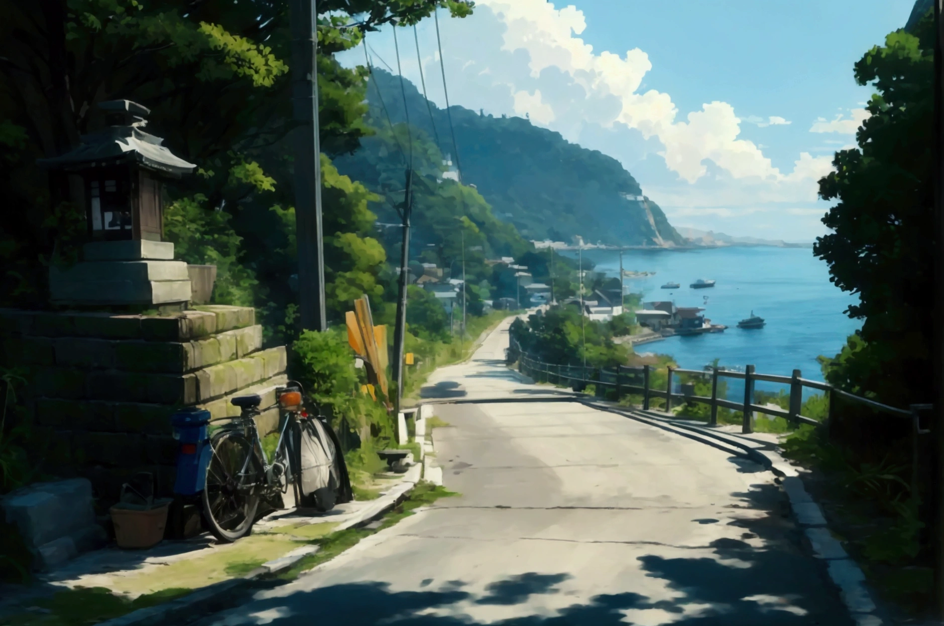 Side view of a coastal road descending towards a small harbor, captured in an anime style artwork. The road is steep, with a guardrail on the left and a small green hill on the right. The asphalt appears slightly worn with some cracks, and a manhole is visible on the road. The coastal area in the background includes a blue ocean with a few boats and a small dock. The scene is bathed in bright, natural sunlight, with shadows cast along the road and guardrail. The general atmosphere is serene and nostalgic, evoking a peaceful Japanese seaside town, on the side of the road a small Shinto statue, with a sleeping cat on it, a bicycle is placed on the opposite side of the road. high quality detailed image