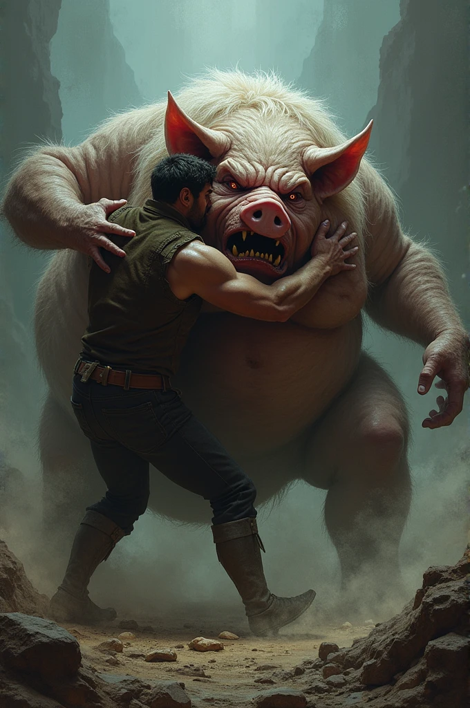 A man being attacked by a fat piglin