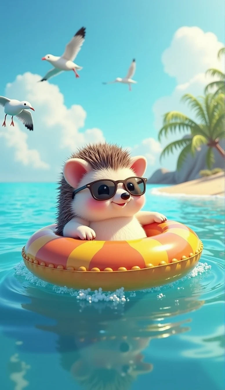 A cute and slightly chubby hedgehog character, wearing stylish sunglasses, is floating leisurely on a colorful inflatable ring in the ocean. The hedgehog's round belly peeks out as it comfortably lounges on the float, paws resting on the sides of the ring. With a relaxed and content expression, the hedgehog gently bobs along the calm, sparkling blue water, enjoying the warmth of the sun and the soothing rhythm of the waves. Seagulls fly overhead, and the distant shore, lined with palm trees and soft sand, adds to the peaceful beach vibe. This heartwarming scene captures the hedgehog’s playful and carefree nature, highlighting its love for relaxation and the simple joys of floating in the ocean on a sunny day.
