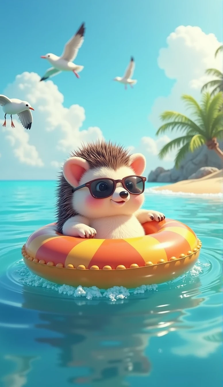 A cute and slightly chubby hedgehog character, wearing stylish sunglasses, is floating leisurely on a colorful inflatable ring in the ocean. The hedgehog's round belly peeks out as it comfortably lounges on the float, paws resting on the sides of the ring. With a relaxed and content expression, the hedgehog gently bobs along the calm, sparkling blue water, enjoying the warmth of the sun and the soothing rhythm of the waves. Seagulls fly overhead, and the distant shore, lined with palm trees and soft sand, adds to the peaceful beach vibe. This heartwarming scene captures the hedgehog’s playful and carefree nature, highlighting its love for relaxation and the simple joys of floating in the ocean on a sunny day.