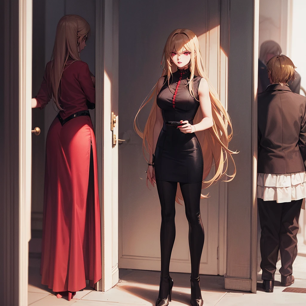 full body age woman, long blonde hair with wine red tips, Red eyes con un delineado negro, Red lips, wearing an elegant dress and next to her a man with spiky, ash blonde hair, Red eyes, muscular and in a black suit