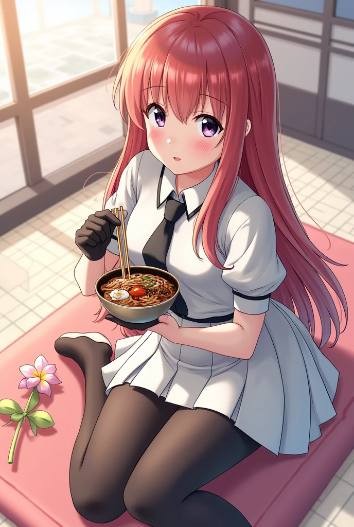 masterpiece, top quality, fascinating pose, full body wide angle, smile, (Session:1.1) ,Ichiraku Ramen, (eating ramen noodles:1.0), holding chopsticks and bowl of ramen, sorber los fideos,, silence suzuka (Uma Musume), black gloves, White skirt, pleated skirt, black pantyhose, layered sleeves, puffy short sleeves, short sleeves over long, black tie, festival,