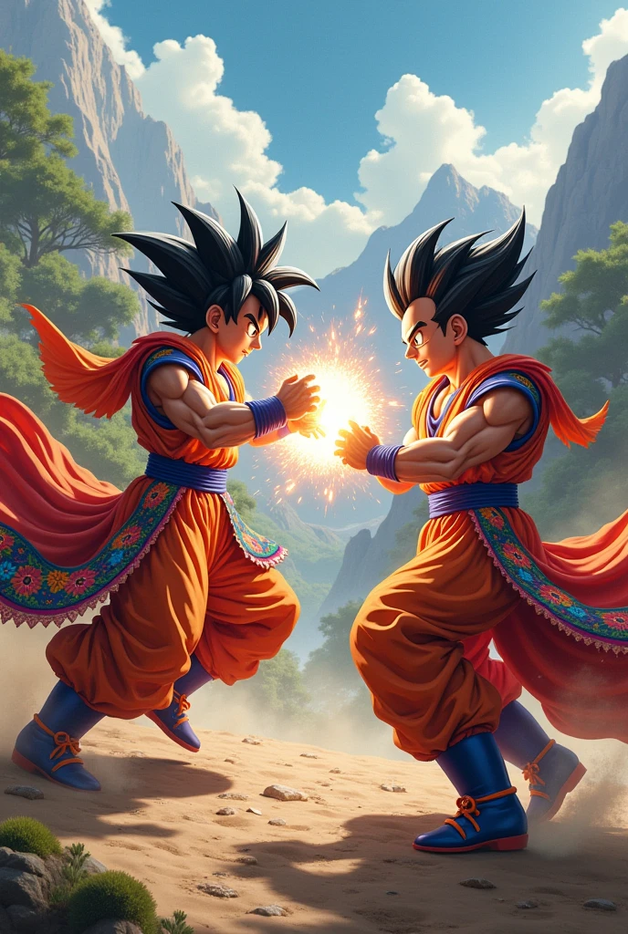 Draw Goku and Vegeta fighting while wearing thinku costumes and Bolivian caporal dance outfits. 