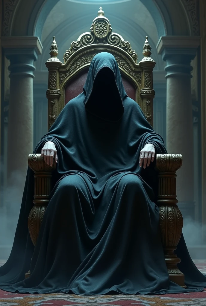 A god of darkness wearing a black cloak, seated on your throne
