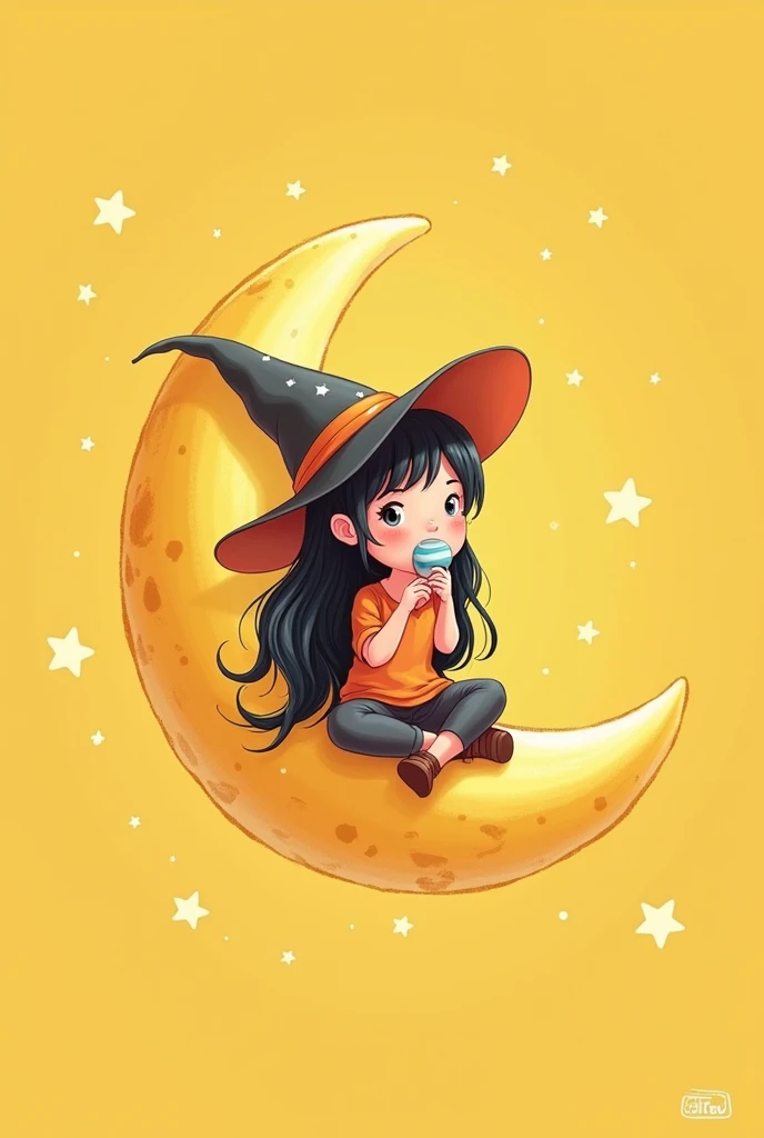 Cute age witch sitting on the moon cartoon yellow background eating candy with black hair