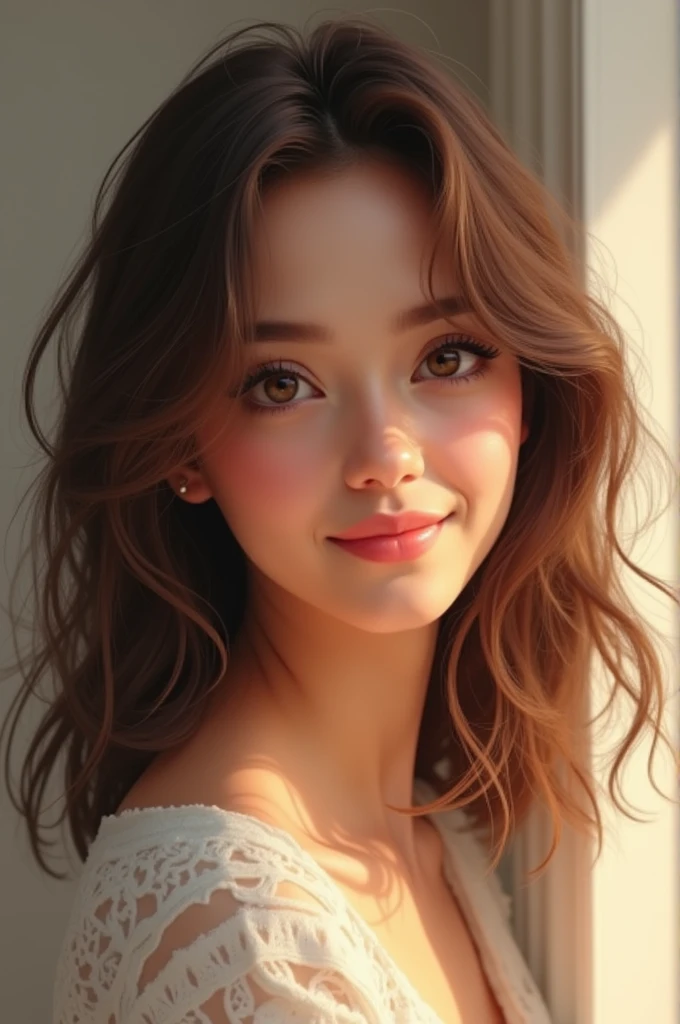 Create a 24-year-old woman with wavy brown hair, Brown eyes, round face