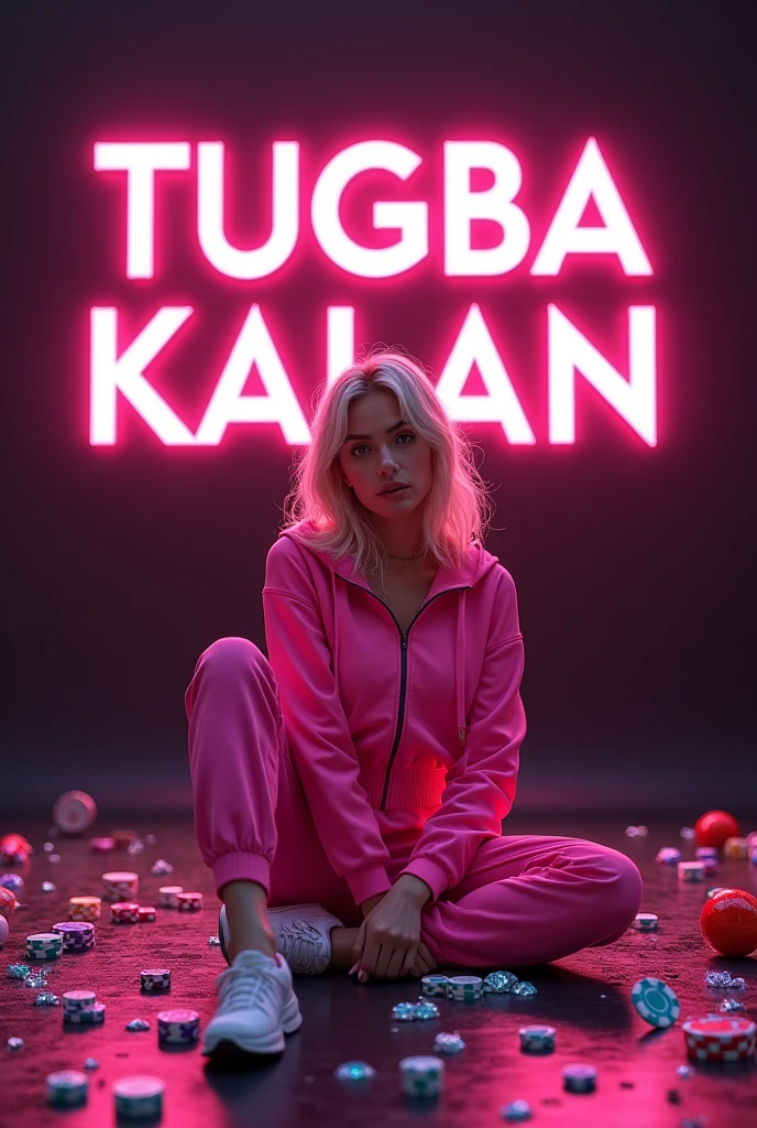 An eye-catching and vibrant digital illustration featuring a sleek black screen displaying the Spanish text "TUGBA KALAN" in bold, LED-like colors. The scene is set in a stylish and glamorous atmosphere with a soft pink haze filling the air, creating the perfect high-energy gaming experience. In the foreground, a blonde-haired woman wearing pink Hatıce sportswear and jogging pants sits confidently on the floor. Surrounding her are multicolored casino chips scattered across the floor and glittering diamonds of various hues. The combination of elements from different styles, including Turkey flag, photography, illustration, 3D render, typography, cinematic, poster, painting, fashion, product, anime, architecture, dark fantasy, vibrant, graffiti, portrait photography, wildlife photography, and conceptual art, create a capt