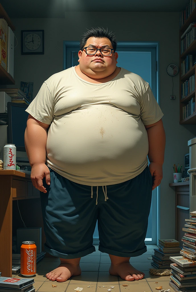 Fat and dirty Japanese man wearing glasses, sweaty otaku