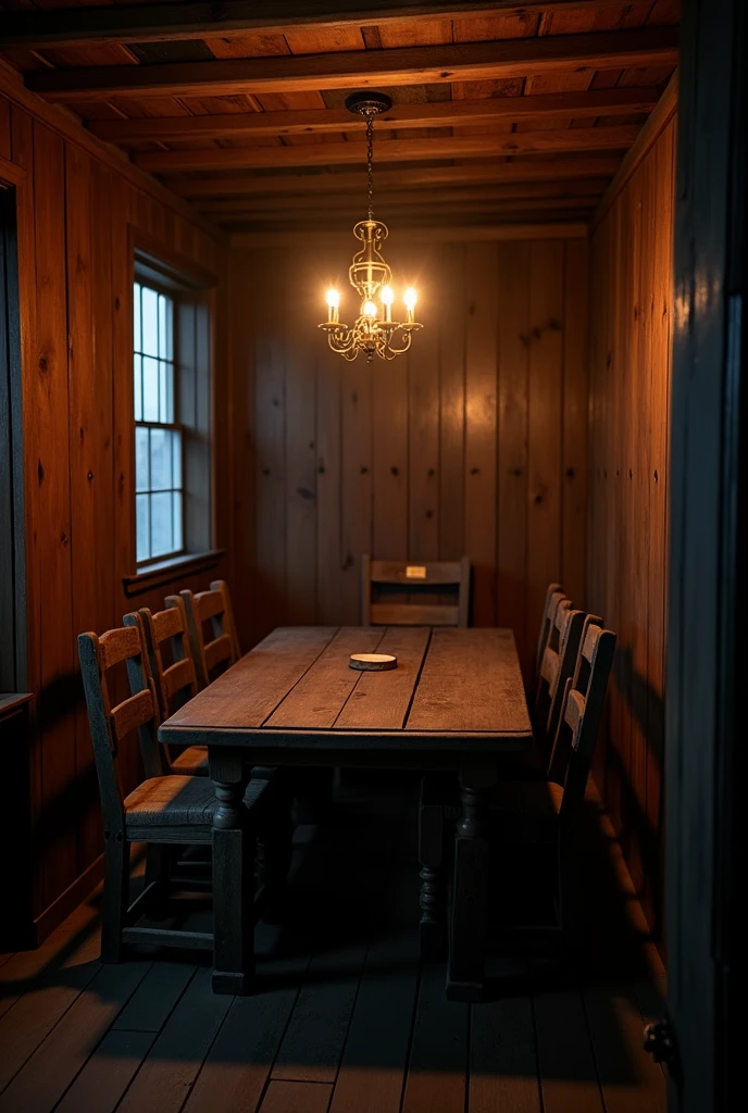Image of a completely dark room with a wooden floor, wooden walls and a dining room in the middle. The room is only lit by a chandelier in the middle of the dining room., the dining room is made of old wood