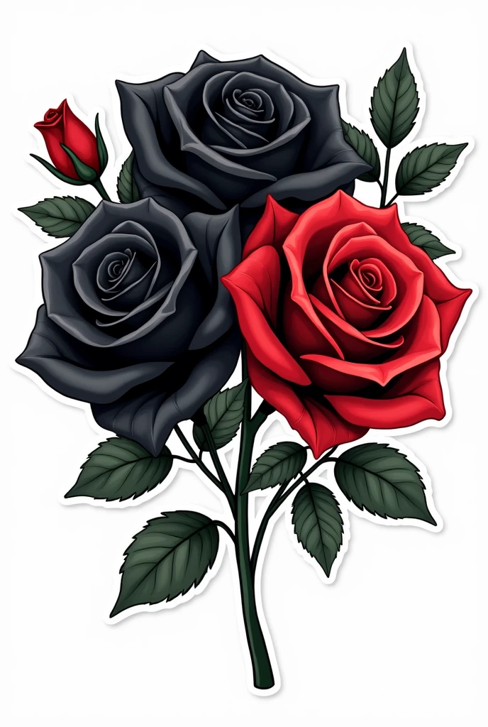 Create a bouquet of black roses with red roses in a drawing style as a sticker on a white background 