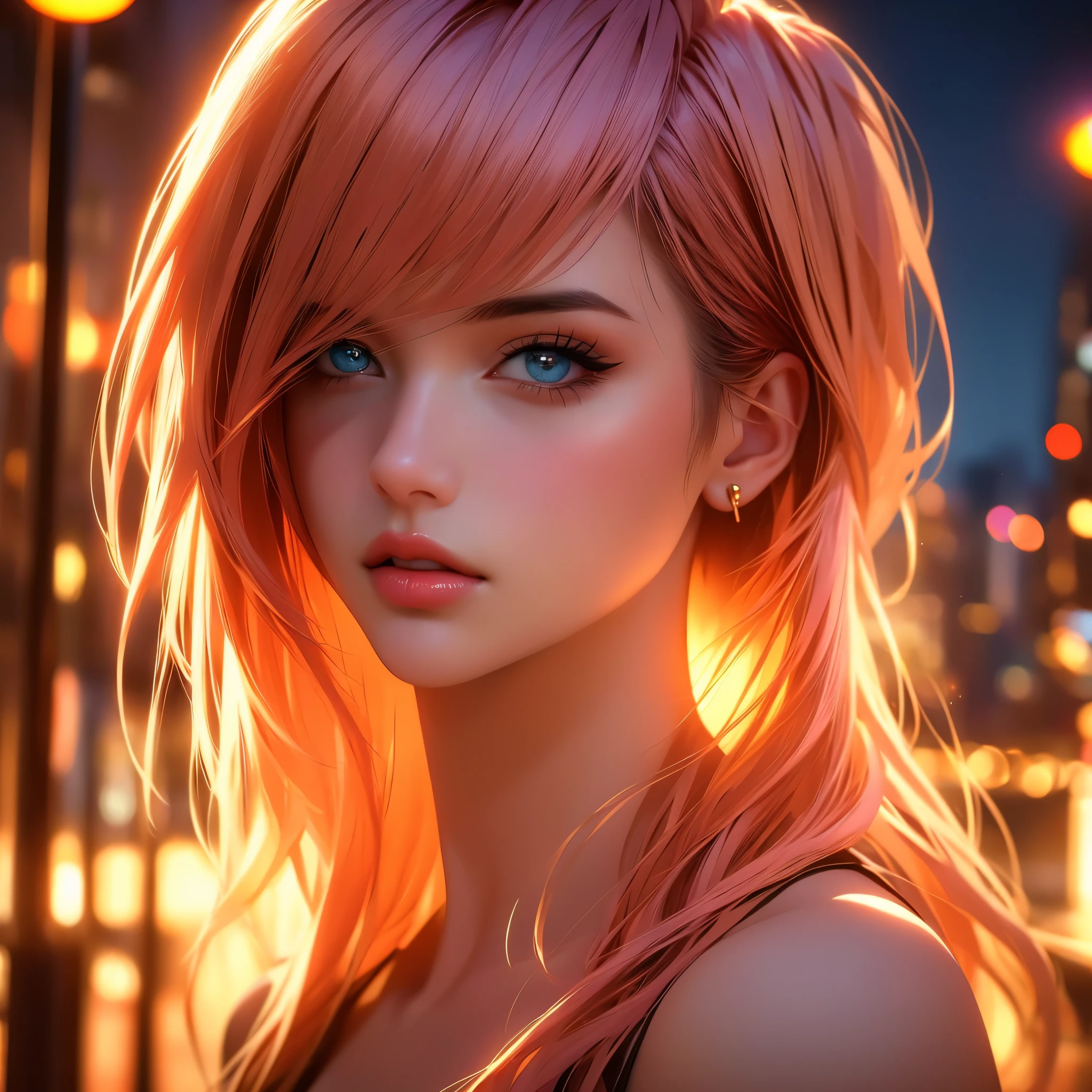 a beautiful woman in a beige dress with expressive beautiful eyes, posing, urban cityscape, black jacket, pink hair, golden hour, shallow depth of field, atmosphere of a first date and young love, (best quality,4k,8k,highres,masterpiece:1.2),ultra-detailed,(realistic,photorealistic,photo-realistic:1.37),intricate details,extremely detailed facial features,gorgeous detailed eyes,beautiful detailed lips,stunning portrait,cinematic lighting,warm color tones,romantic ambiance