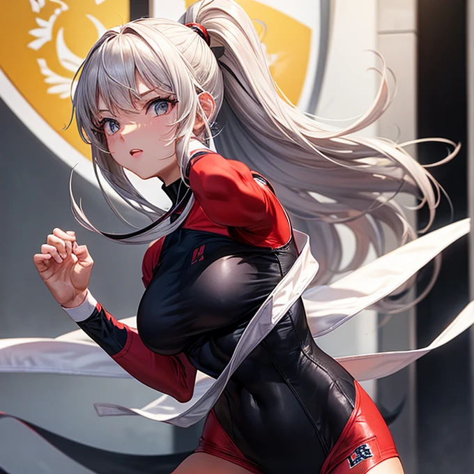 Wearing a karate uniform over a black, form-fitting, high-cut bodysuit.、Woman doing karate