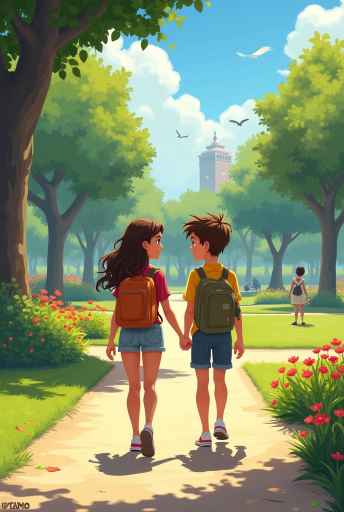 park, Sunnyday. Two childhood friends, Lucia and Tiago, They are walking and talking.