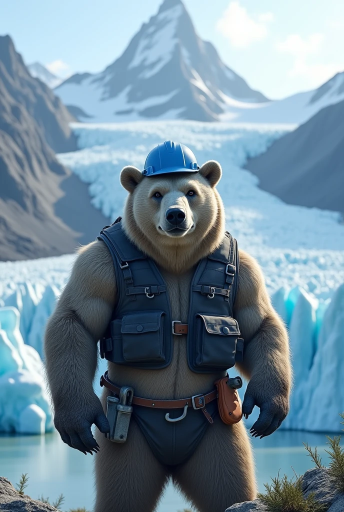 (photorealism:1.2), large grey Bear in front of a glacier wearing a blue hard hat, and a black vest, and tool belt 
