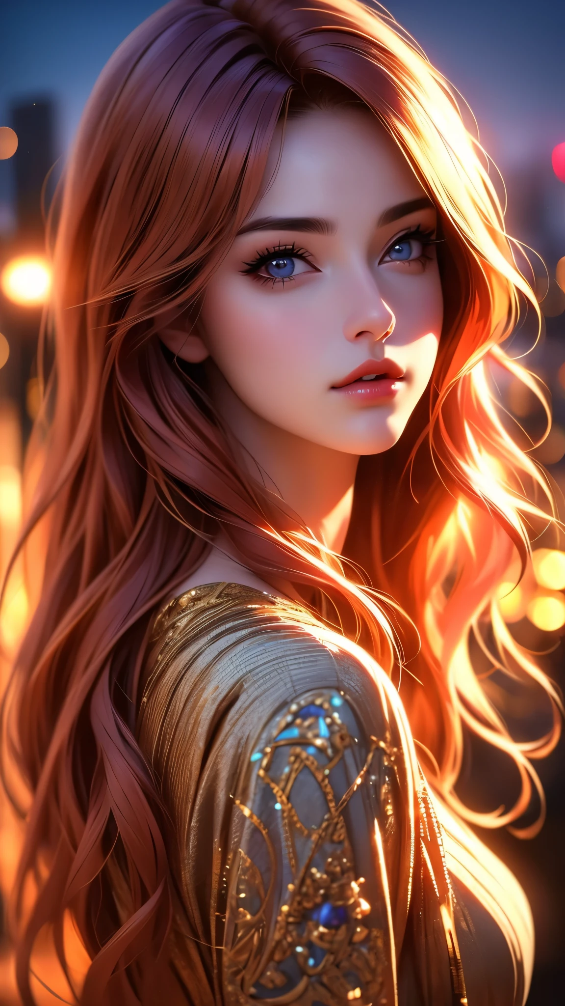 a beautiful woman in a beige dress with expressive beautiful eyes, posing, urban cityscape, black jacket, pink hair, golden hour, shallow depth of field, atmosphere of a first date and young love, (best quality,4k,8k,highres,masterpiece:1.2),ultra-detailed,(realistic,photorealistic,photo-realistic:1.37),intricate details,extremely detailed facial features,gorgeous detailed eyes,beautiful detailed lips,stunning portrait,cinematic lighting,warm color tones,romantic ambiance