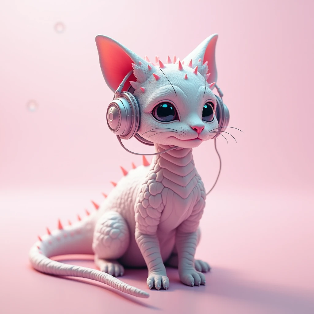 light pink background a headset with a dragon cat in center