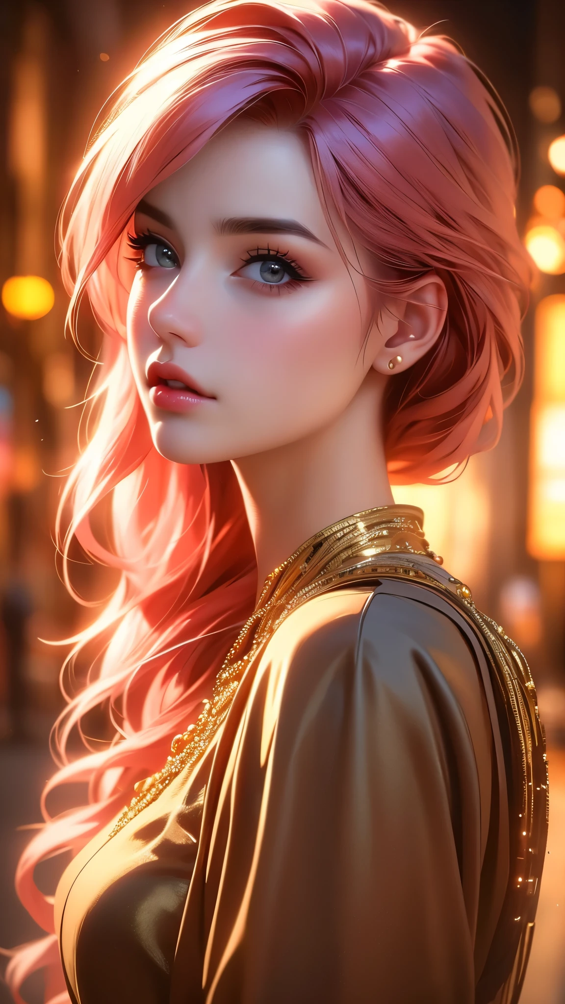 a beautiful woman in a beige dress with expressive beautiful eyes, posing, urban cityscape, black jacket, pink hair, golden hour, shallow depth of field, atmosphere of a first date and young love, (best quality,4k,8k,highres,masterpiece:1.2),ultra-detailed,(realistic,photorealistic,photo-realistic:1.37),intricate details,extremely detailed facial features,gorgeous detailed eyes,beautiful detailed lips,stunning portrait,cinematic lighting,warm color tones,romantic ambiance