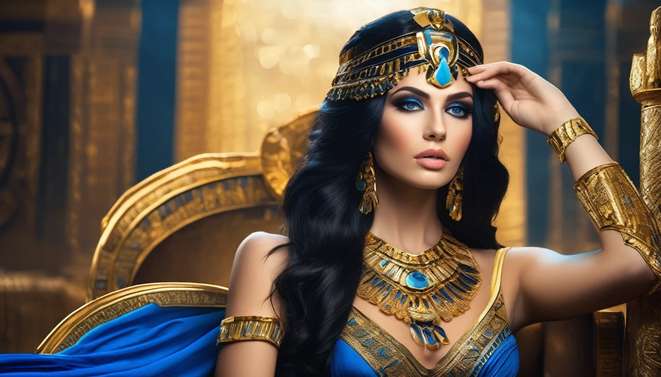 Beautiful Queen Cleopatra, wonderful with lots of gold. luxury dress, wealth, long  hair, heavy and beautiful makeup.very beautiful.Perfect photo blue-black hair