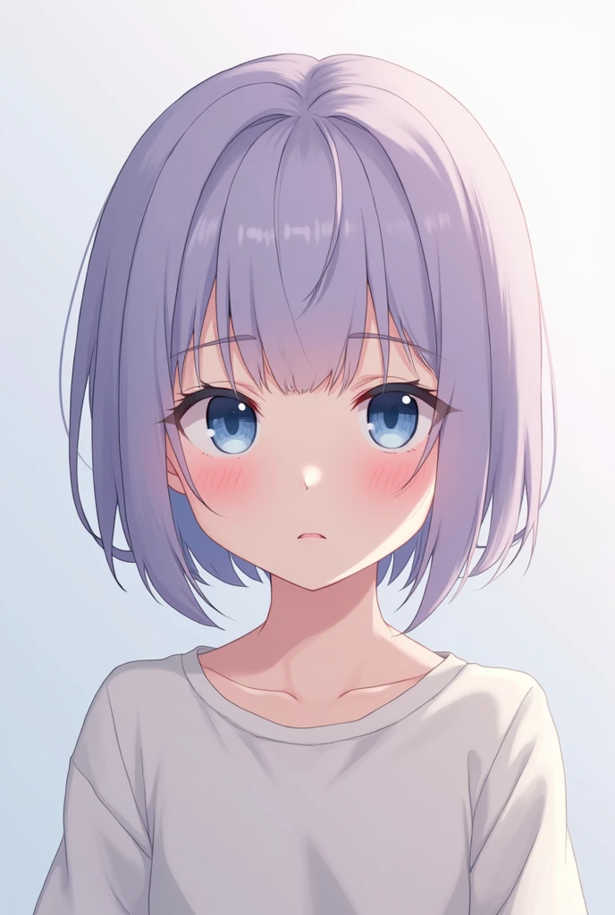Anime girl with light purple, short hair, blue-white eyes and serious expression, comfortable clothes for a 13 year old girl