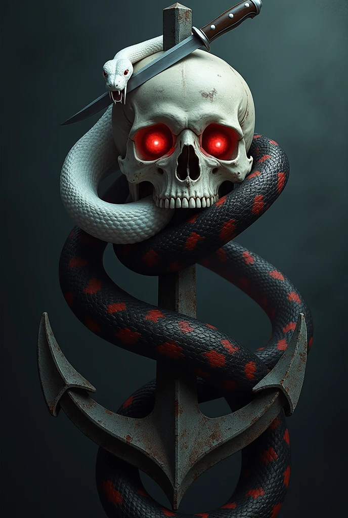 a skull head, on top of a ship's anchor.There is a completely white viper with red eyes and a completely black and red one. a knife stuck in the top of the skull. Everything very dark and scary. the snakes come out of the eye socket of the skull. they go around the anchor going up and entering under the skull. they come out through the eye holes, completing its turns in the sheath of the military knife. The black snake is lunging with its fangs towards the observer, while the white one is just looking, with the pupil frighteningly red.
