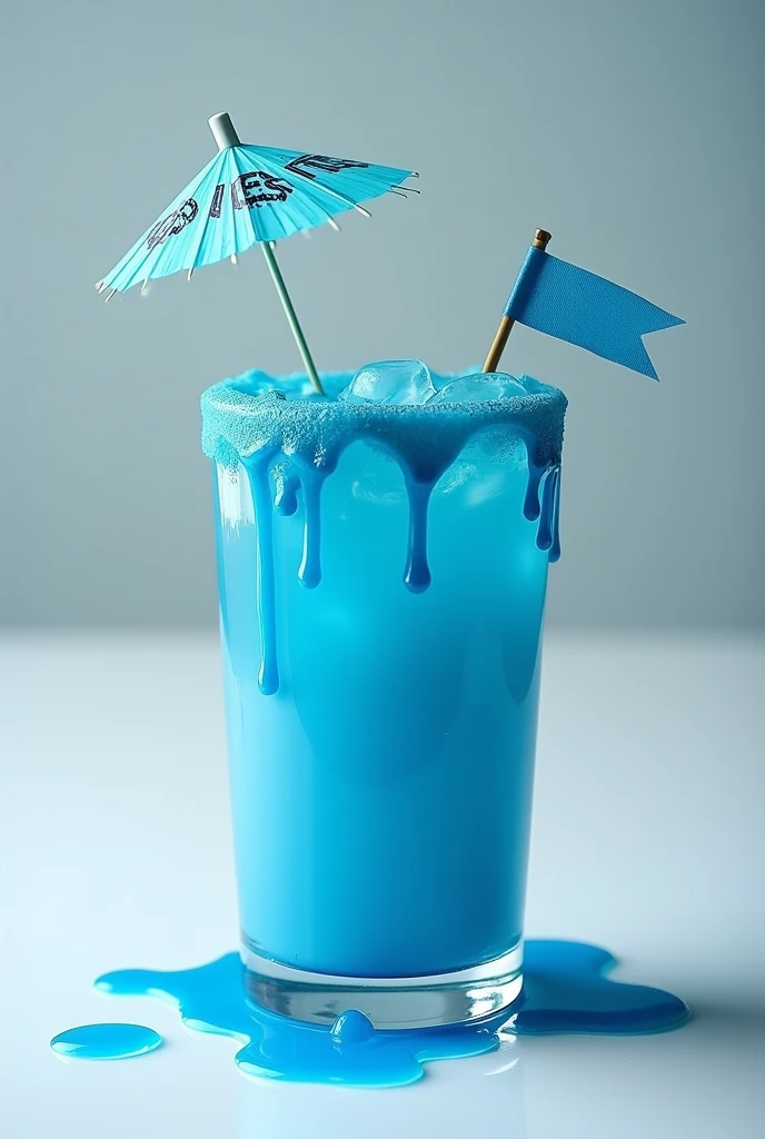 A clear plastic cup with blue chamoy on the edges and blue liquid inside.
Make the chamoy more abundant and let it drip more., Add decorations like a mini umbrella and a blue flag