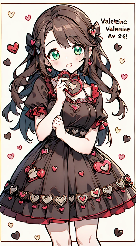 (((32k))), (16k), (8k), (4k), (((32k heart background))), (((Pretty girl))), (((cute girl))), (beautiful quality eyes), (cute smile), (((dress))), (valentine), ((holding heart chocolate)), Dark brown hair, green eye color