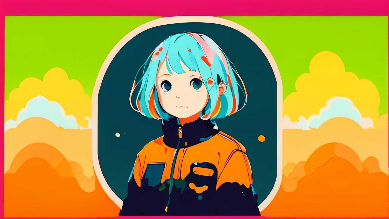 clean、Minimalist、Vector art、gradient cake scary hair、whiteいテックウェアの服、Tactical clothing(orange、white)、strong stroke around image、simple and abstract design paper cute background、orange色の背景、Or pastel colors、
