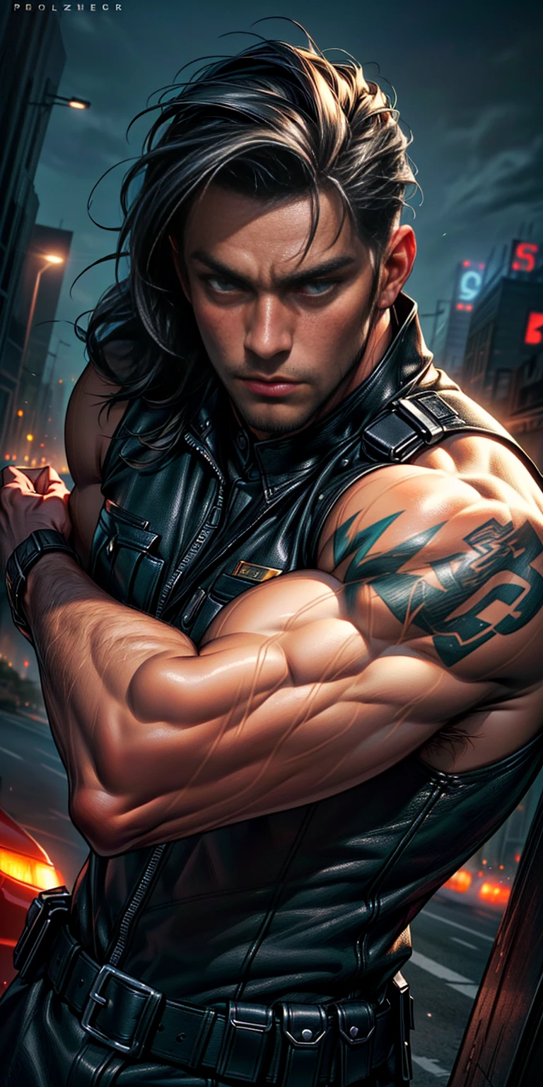 realist:1.3,( fotorrealist, 8k, RAW Photos, Premium quality, masterpiece, epic lighting. close up, Centered image), (foreground),((1 handsome and muscular man, police dress, Perfectly detailed face and body, (foreground), for the cover of Heavy Metal magazine, dynamic pose, beautiful and detailed hair, Leather Clothes))