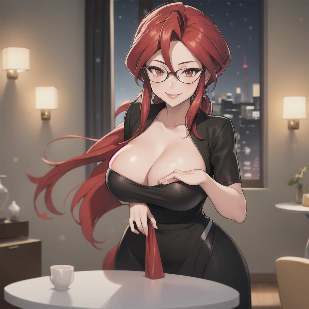 masterpiece, best quality, animeLorelei, red hair, red eyes, hair between eyes, glasses, elegant black dress, looking at viewer, smile, winter, table, Luxury apartment, black dress, sexy, nigth
