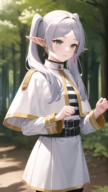 masterpiece, best quality, highres, aafrie, long hair, white hair, twintails, pointy ears, earrings, thick eyebrows, white capelet, striped shirt, long sleeves, belt, white skirt, black pantyhose , standing, cowboy shot, outdoors,