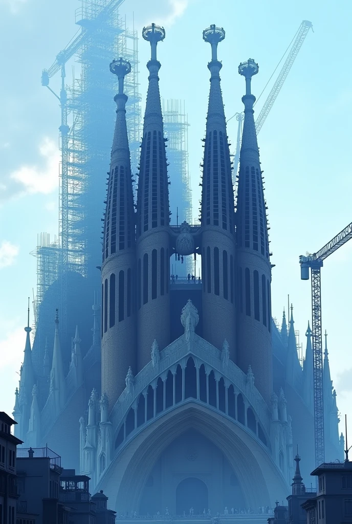 Create an image of the Sagrada Família Church under construction, highlighting the construction structures and equipment. Use a palette of blue tones to portray the scene. Show the facade of the church with scaffolding and cranes, highlighting the parts of the construction that are being worked on. The towers and architectural details should be visible, but partially covered by construction elements. The background sky should be light blue, With clouds in soft shades of blue, and the lighting should highlight the contrasts between the finished and the under construction parts.