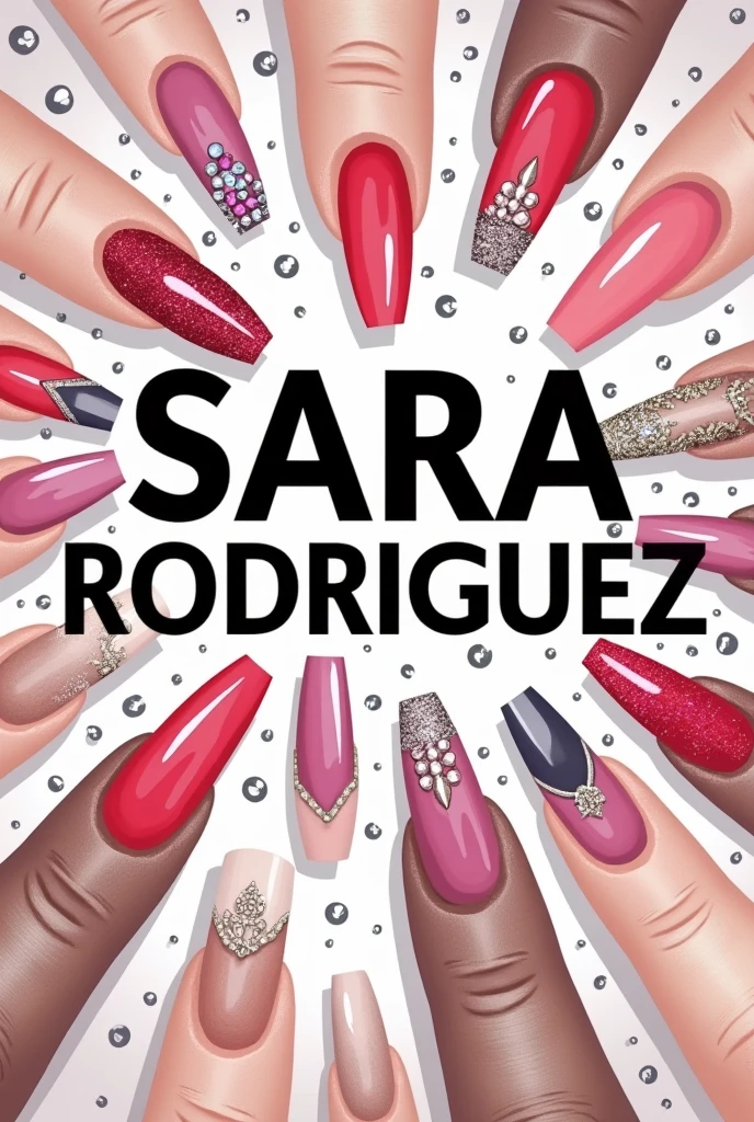 logo with the name SARA RODRIGUEZ with a background of decorated nails