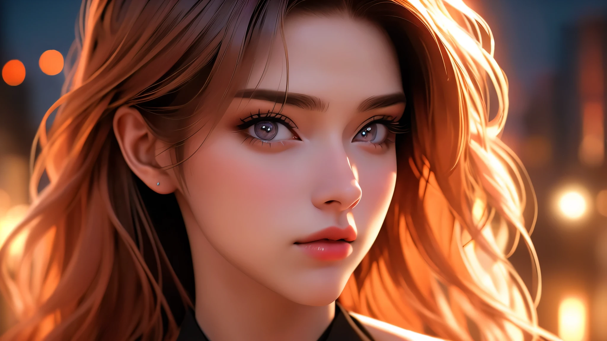 a beautiful woman in a beige dress with expressive beautiful eyes, posing, urban cityscape, black jacket, pink hair, golden hour, shallow depth of field, atmosphere of a first date and young love, (best quality,4k,8k,highres,masterpiece:1.2),ultra-detailed,(realistic,photorealistic,photo-realistic:1.37),intricate details,extremely detailed facial features,gorgeous detailed eyes,beautiful detailed lips,stunning portrait,cinematic lighting,warm color tones,romantic ambiance