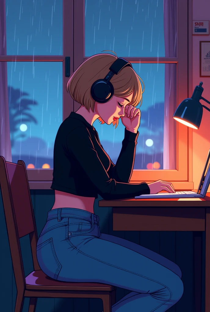 (lofi), (1boy), femboy studying hard at desk, sitting, profile, wearing a cropped black sweater, high waisted blue jeans, very big butt, slim waist, hourglass figure, blondish brown short hair, Put on the headphones, Night light, Neon landscape of rainy day from window,Analog Color Theme, Lo-Fi Hip Hop , Flat, 2.5D ,line-drawing, Ink drawing, Large gradients, watercolor paiting, Goosch color, Studio Ghibli style, Awesome colorful, Outturn, Synth Wave, lofi art,90s style,Old textures, amplitude,90s atmosphere, masutepiece, Huge skills