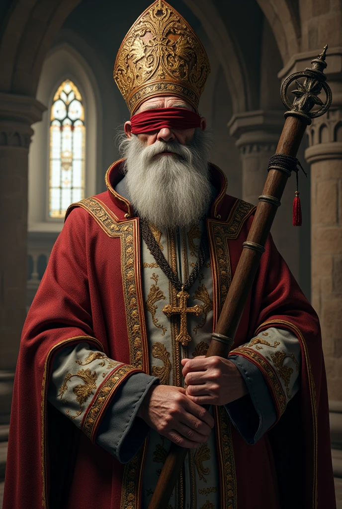 (photorealism:1.2), old man, big bishop, medieval, blindfold, blind man's cane