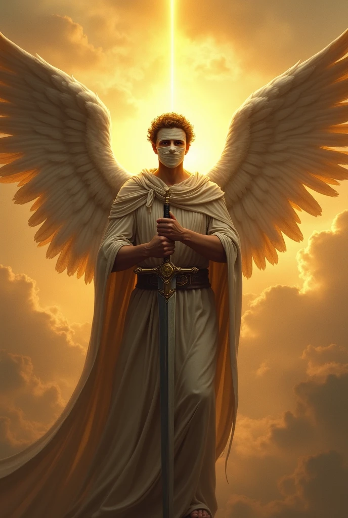 Angel man with a bandaged face,holding a sword down,with the wings opening,Renaissance art style,voando no ceu,half golden sky
