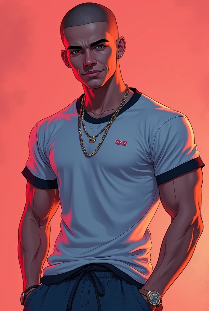 2d illustration of a young man whit complete shaved black hair, pronounced eyebrows, expressive brown eyes and a sincere, open and flirtatious smile. Dressed in a tight gym shirt and baggy sweatpants, with thin diamond chains around his neck