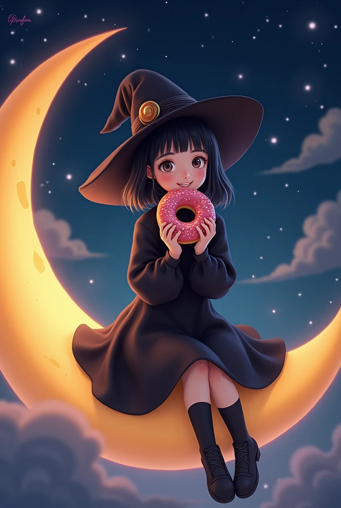 A teenage witch with medium-length hair and bangs, sitting on the yellow moon, holding a delicious and beautiful donut, smiling happily while looking at the screen, wearing black clothes.