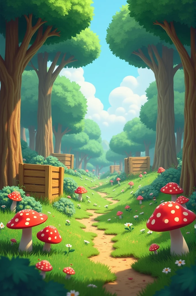An animated forest background with large trees, grass and red mushrooms with bitten flowers and smarillas, Large background crates animated style