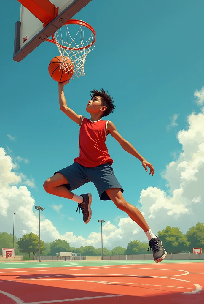 The boy's persistence was unwavering. Even as the days grew longer and the seasons changed, he remained on the court, tirelessly pushing himself. His training routines were grueling: he performed intense plyometric exercises, sprinted up hills, and practiced explosive jumps. The physical exhaustion was evident, but his spirit never wavered. He pushed through the fatigue, focusing on incremental improvements. Each failed dunk was met with renewed determination, and every small gain in vertical leap was celebrated as progress. His dedication was a testament to his relentless drive, showing that for him, the pursuit of his goal was as important as the goal itself.