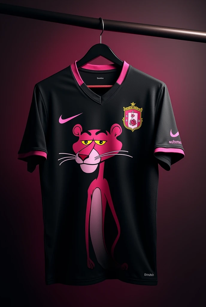 football shirt printed with the television character Pink Panther, on the left side the nike symbol, very dark shirt background hanging on a hanger with pink details and a black background