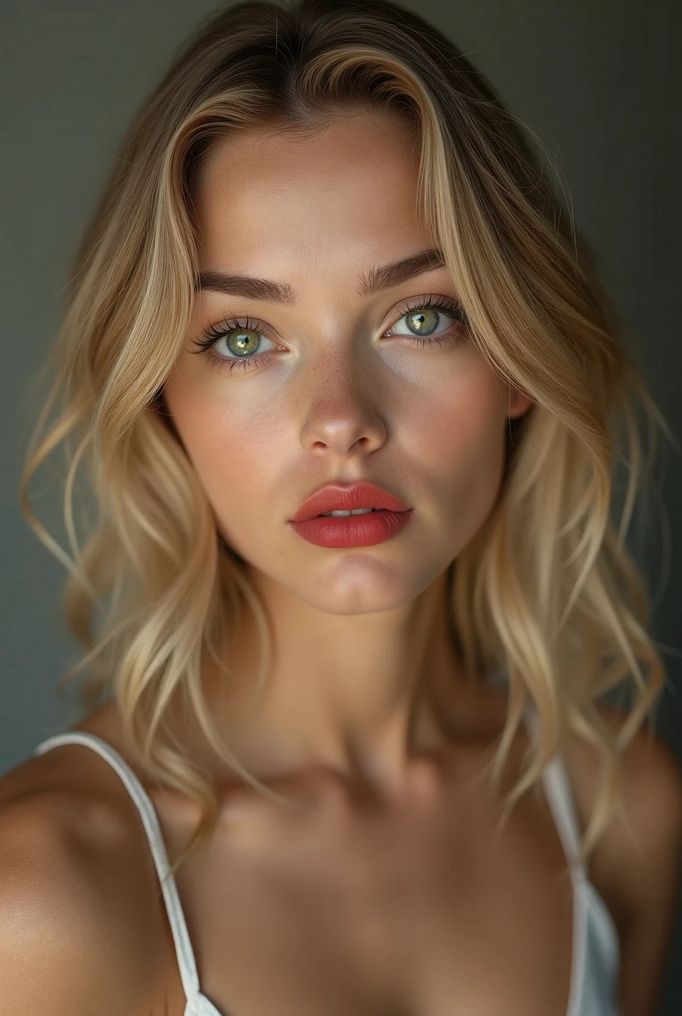 The photo is a 3/4 shot showing almost my full body, photo is taken from my hips, blonde hair big green eyes forehead is slightly arched, giving my face a distinctive shape. It flows seamlessly into my high, defined eyebrows. The bridge of my nose is straight and symmetrical, leading up to a pointed tip. My nostrils are small and delicate, adding character without being overwhelming. My cheekbones are prominent, highlighting my large, round eyes even further. My jawline is strong and defined, giving my face a masculine edge despite its feminine features. My neck is long and graceful, flowing effortlessly into my shoulders. Russian women big pumped lips red lipstick super big fake lips super size lips 45 Russian silicon face model, I have naturally developed some fine lines and wrinkles around my forehead. These imperfections only serve to make me appear more human and relatable. They give my face character and depth, contrasting beautifully against my otherwise flawless complexion. Despite these signs of wear, my overall appearance remains striking and irresistible. cleavage super glossy face Plus Size Elegant, I am completely nude, I have b cup breasts that are very firm and perky, my nipples are large and pink, my body is athletic with minimal body fat, the photo is taken from my hips up, showing my wide curvy hips and flat toned stomach, a hint of golden pubic hair is visible and the mound of my vagina, thigh gap