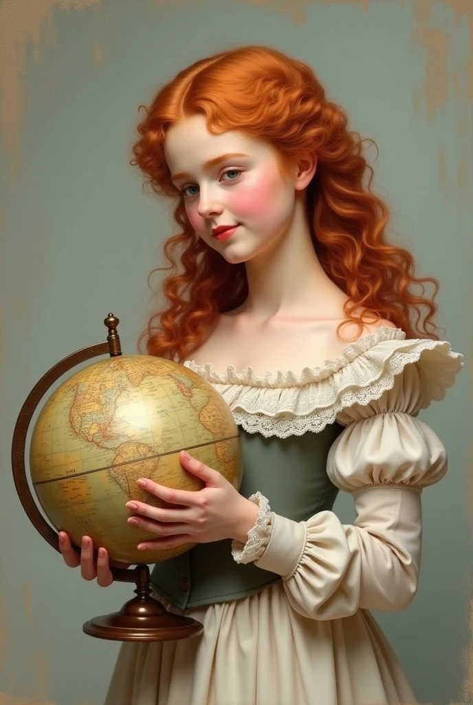 A short, slightly chubby redhead with curly, long hair, wearing regency clothing and holding a globe in her hand. 