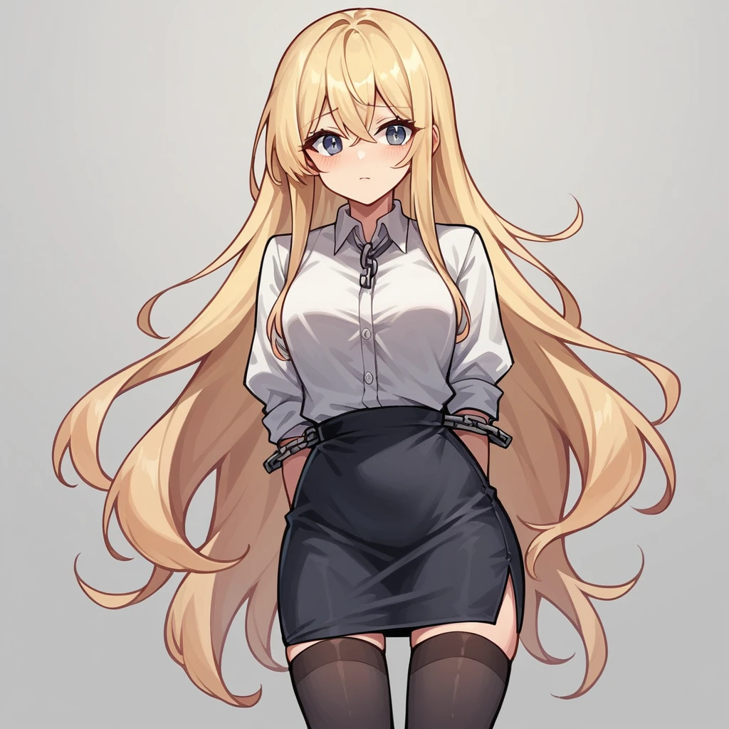 black pencil skirt,White shirt with rolled up sleeves,Put your hands behind your back,restraints,Chain the body, blonde hair, Very long hair, straight hair, Cute, thin body, Thin legs, black thighhigh stockings, nylon stockings, handcuffed arms, amrs togather, masochistic 