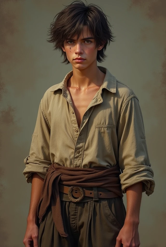 Make a young man in peasant clothing with messy hair, dark brown in color with a small scar on his cheek