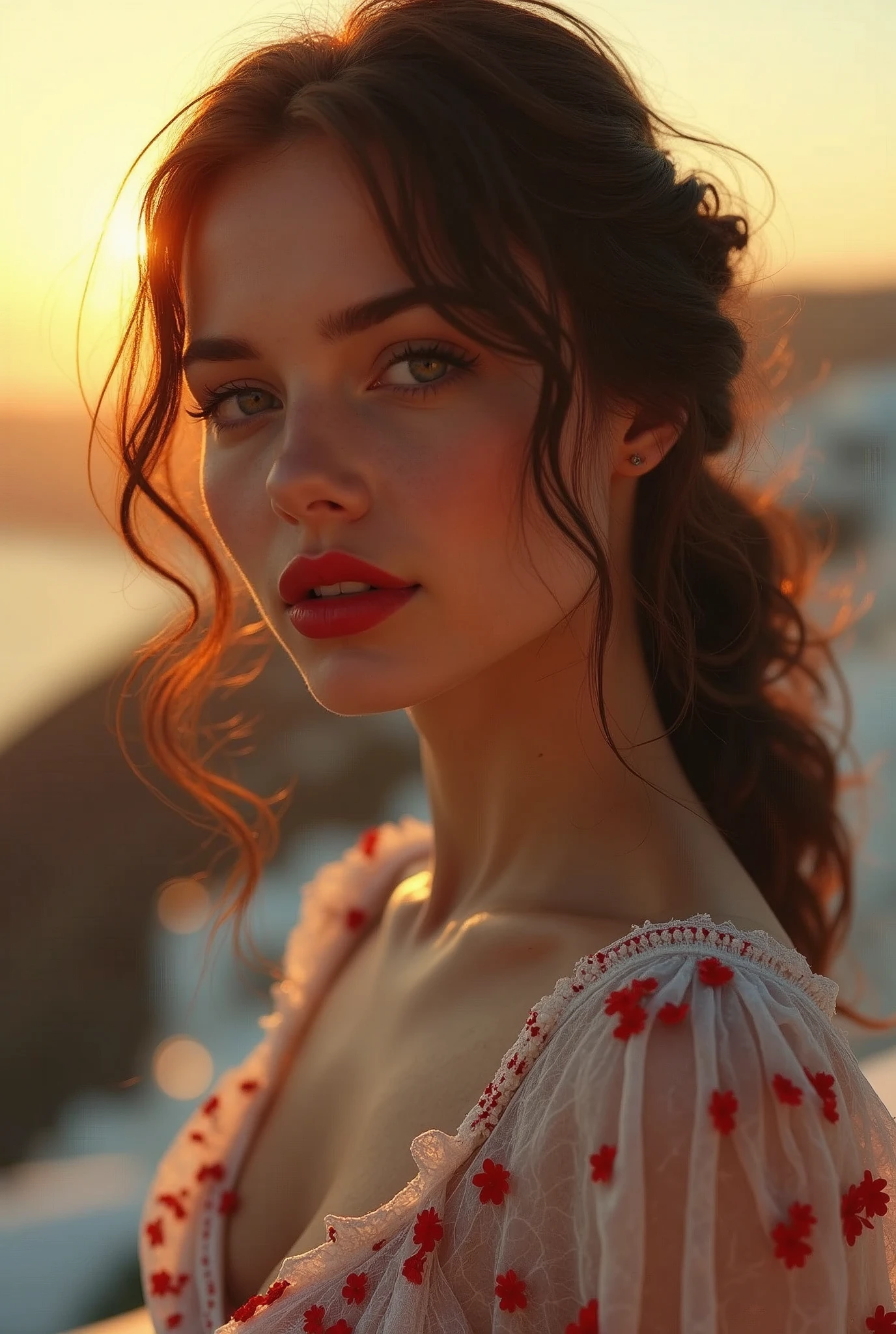 western, flower_dress, hot girl, santorini, greece, looking at sunset, makeup, (masterpiece), best quality, high resolution, extremely detailed, blurred background, depth of field, cinematic lighting. Russian women big pumped lips red lipstick super big fake lips